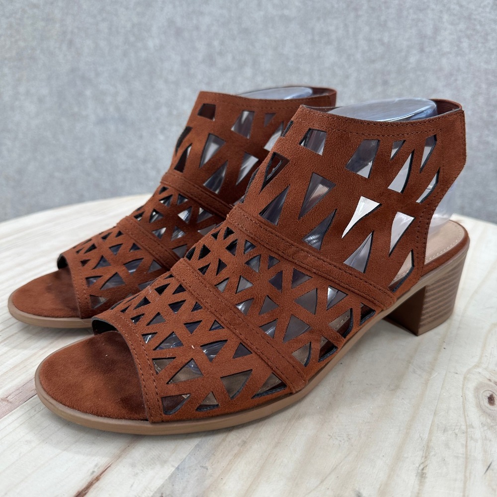 American Eagle Brown Laser Cut Geometric Block Heel Gladiator Cage Sandals SZ 10